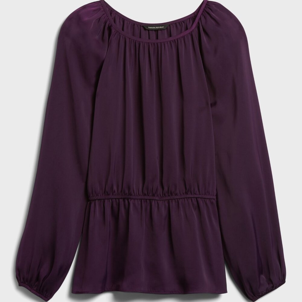 EUC Banana Republic Satin Peplum Top w/ Balloon Sleeves | Purple | Size